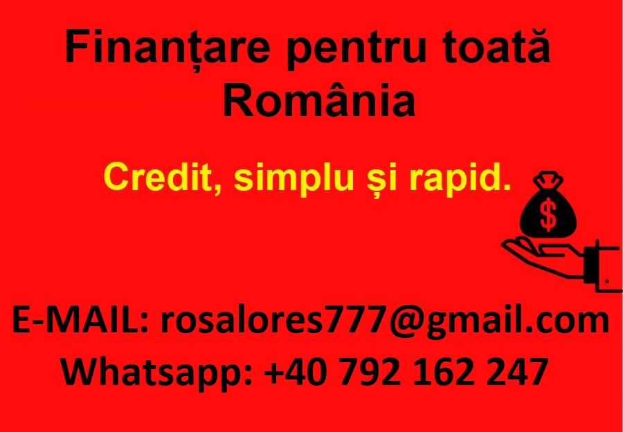 Escorta Oras: Bucuresti - Escorta Telefon: 0792162247 -  Servicii Escorta : Credite pentruromâni.  
Aveți nevoie de finanțare imobiliară pentru afacerea dumneavoastră, pentru a cumpăra o mașină, o motocicletă sau pentru a vă înființa propria firmă?
Ofer credite personale la o dobândă nominală de 3%, indiferent de sumă.  
Vă rugăm să specificați suma exactă și termenul de rambursare în cererile dumneavoastră de credit.  
Email: rosalores777@gmail.  com
WHATSAPP: +40 792 162 247
