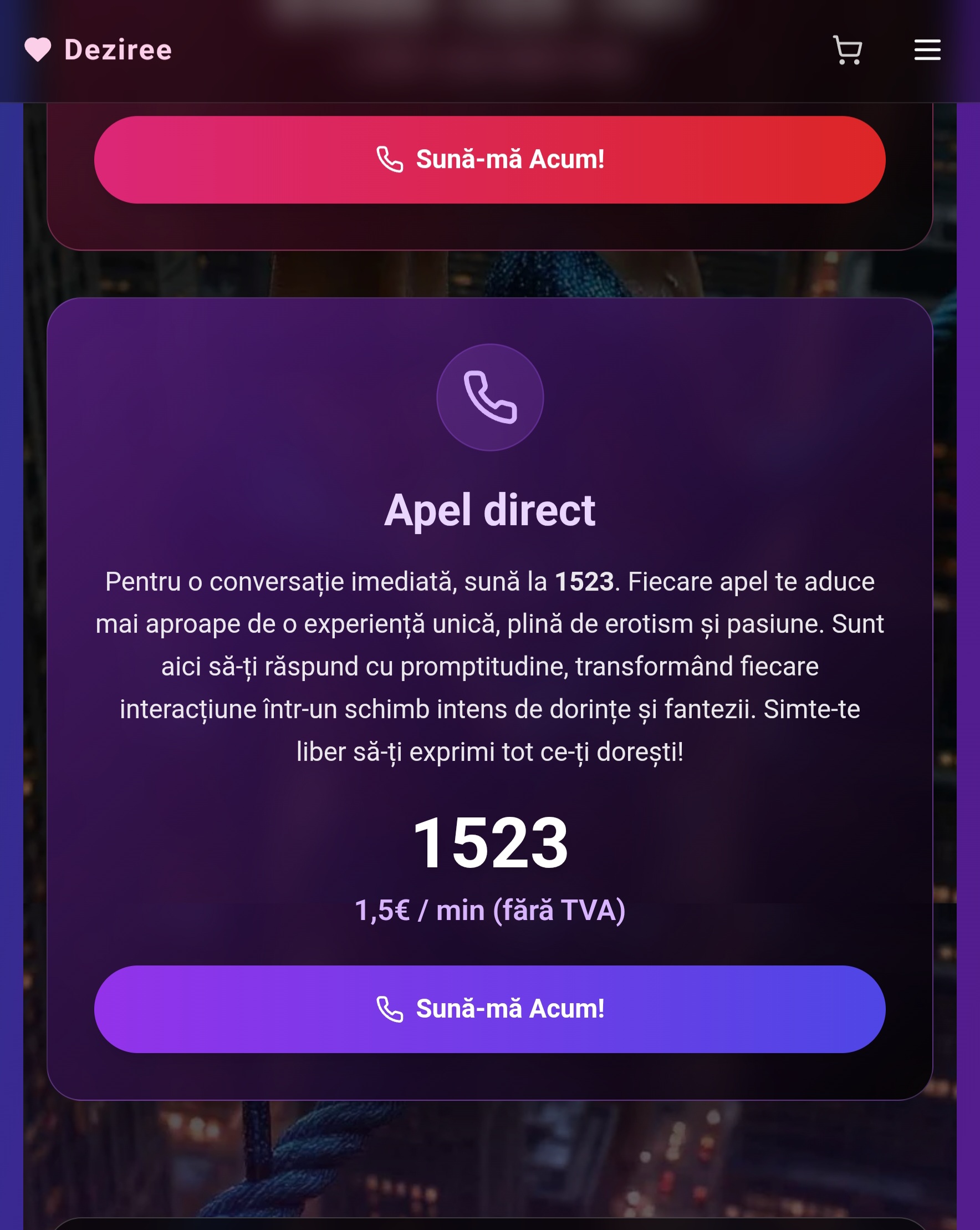 Escorta Oras: Toată Tara - Escorta Telefon: 0906120107 -  Servicii Escorta : Visezi la fantezii care te fac să tremuri?
Intră în lumea mea, unde cuvintele devin dorințe, iar dorințele devin realitate…
Sună acum la 0906 120 107
???? Tarif: 1, 7€ + TVA/min
Doar pentru cei care vor mai mult…
Sau trimite un mesaj la 1523
???? Tarif: 1, 5€ + TVA/sms/voce
Lăsăm inhibițiile deoparte.  Plăcere absolută.  
Servicii 100% pentru adulți, 18+
Pentru mai multă plăcere, vizitează site-ul nostru oficial: deziree.  net. 