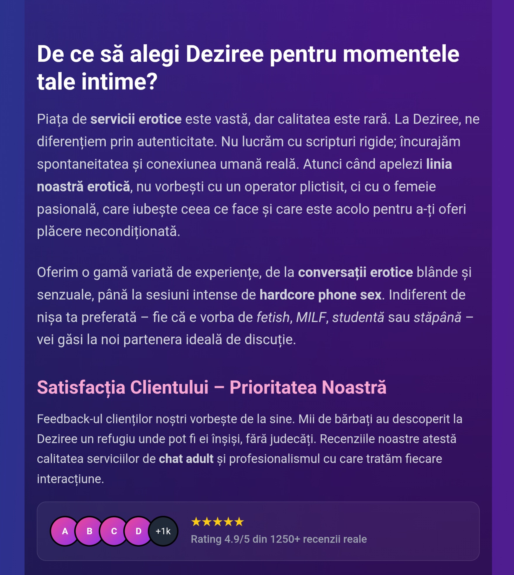 Escorta Oras: Deziree.net - Escorta Telefon: 0906120122 -  Servicii Escorta : Linie erotica premium- intra in site-ul oficial Deziree.  net si alege din oferta de minute promotionale.  Poti benefia de placerea Deziree din orice tara a lumii! Noi nu promitem, noi facem! Poti suna direct sau trimite mesaj la numarul scurt de telefon 1523