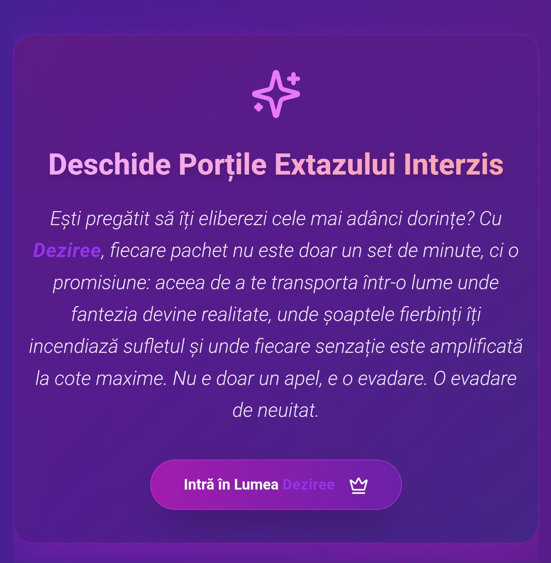 Escorta Oras: Deziree.net - Escorta Telefon: 0906120120 -  Servicii Escorta : Intră pe Deziree.  net.  Acolo unde dorințele nu mai au filtre.  Conexiuni discrete, conversații fierbinți și fantezii fără limite — totul într-un singur loc.  Descoperă, explorează, simte.  Click… și facem tot ce vrei.  ♡♡♡♡Tarif ( 1, 7o euro fară tva) .  Pupic / trimite mesaj la numărul scurt de telefon 1523 și hai in lumea Deziree