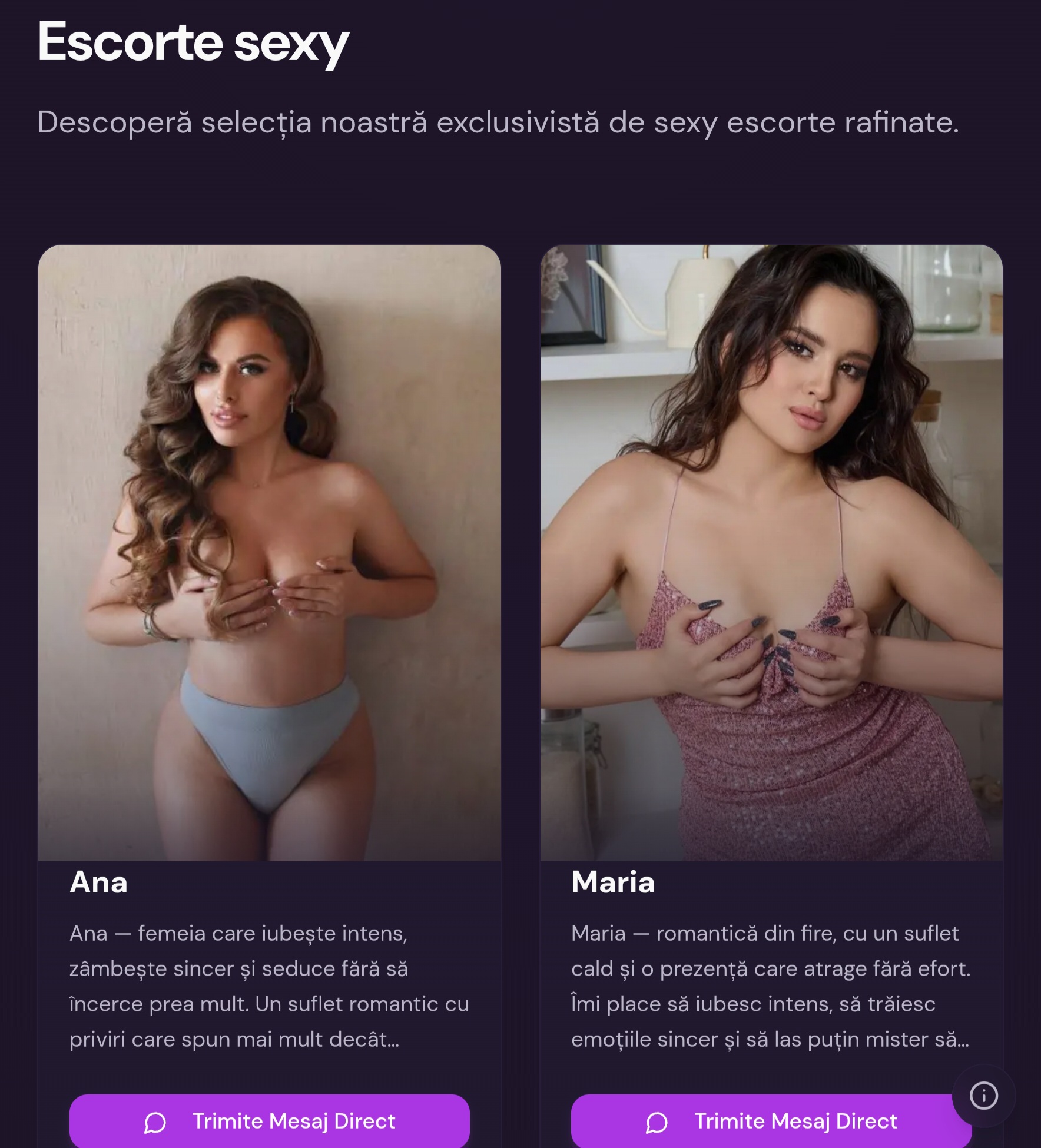 Escorta Oras: Sexylinechat-escorte.com - Escorta Telefon: 0906120222 -  Servicii Escorta : Ana — femeia care iubește intens, zâmbește sincer și seduce fără să încerce prea mult.  Un suflet romantic cu priviri care spun mai mult decât cuvintele, atitudine delicată și un strop de îndrăzneală.  Între pasiune și eleganță, las mereu loc pentru puțin mister, îmi poți trimite mesaj la numărul scurt de telefon 1523 sau mă găsești pe site-ul oficial sexylinechat-escorte.  com