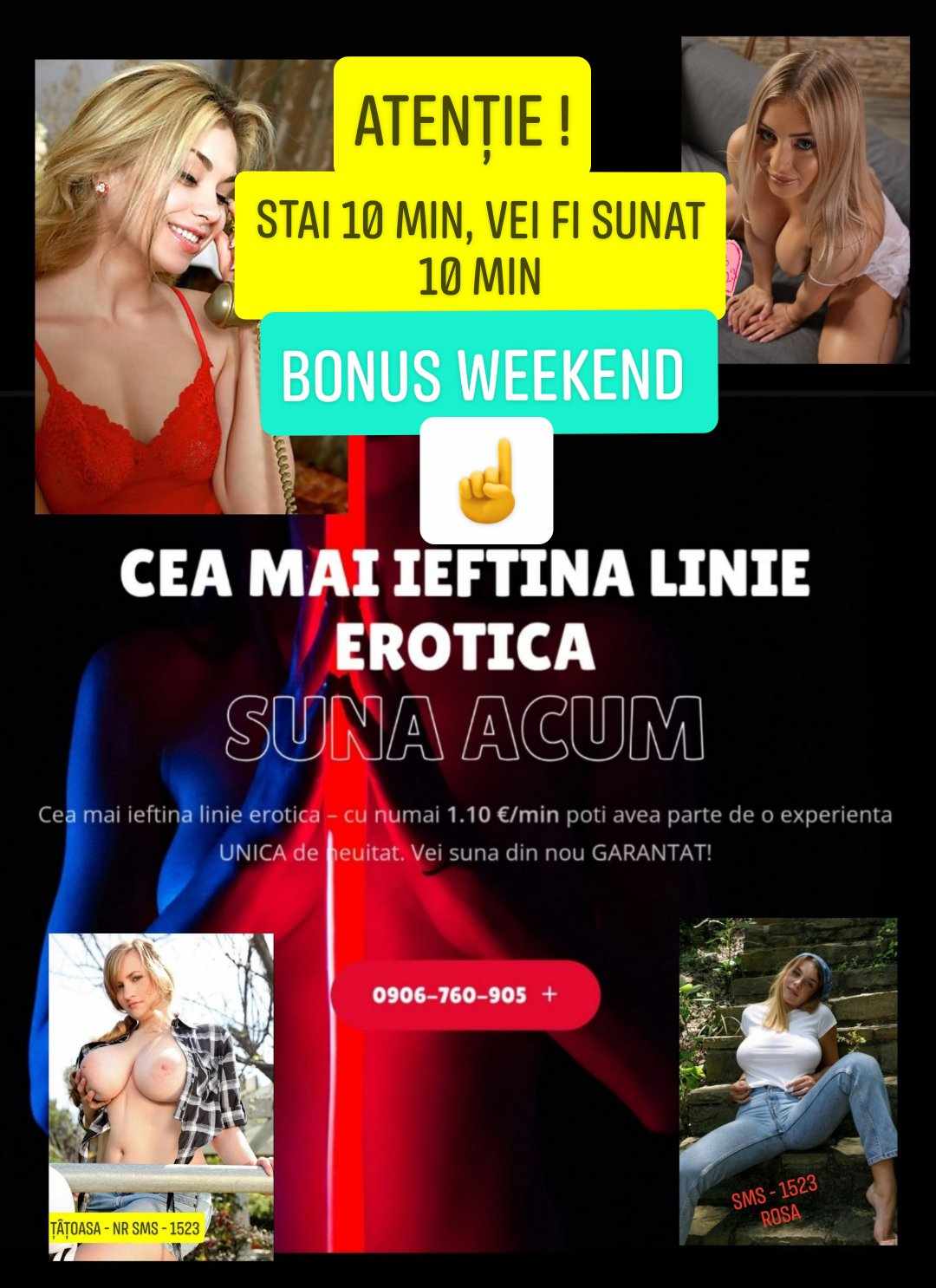 Escorta Oras: TOATA ȚARA - Escorta Telefon: 0906760909 -  Servicii Escorta : TELEFONEROTICA, CU CEL MAI MIC TARIF ❤️ oferă clipe magice tuturor doritorilor de sex virtual.  Fetele drăguțele, puștoaice si doamne mature abia așteaptă să-ți împlinească cele mai nebănuite fantezii.  Nu ezita , sună la Nr afișat sau lasă SMS la 1523.  .  .  PISICUȚELE.  .  .  Dacă găsești sms mai ieftin de 1€ - îți returnam banii.  CEA MAI IEFTIN LINIE EROTICĂ GARANTAT-VOCE/ SMS / NOU - OFERTĂ.  .  .  MA SUNI 10 MINUTE - TE SUN EU ÎNAPOI 10 MINUTE / Telefon